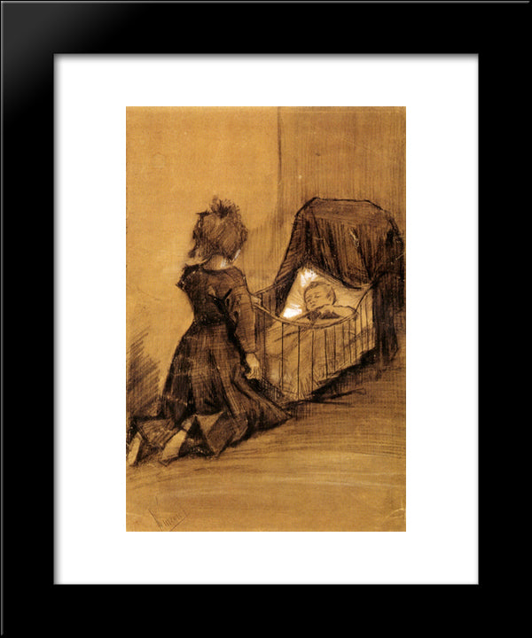 Girl Kneeling By A Cradle 20x24 Black Modern Wood Framed Art Print Poster by Van Gogh, Vincent