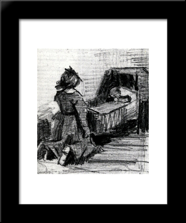 Girl Kneeling In Front Of A Cradle 20x24 Black Modern Wood Framed Art Print Poster by Van Gogh, Vincent