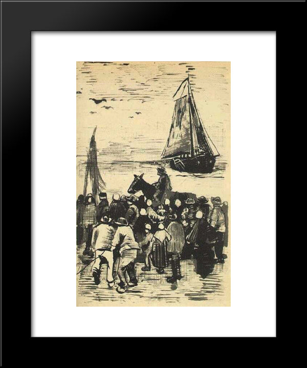 Group Of People On The Beach With Fishing Boat Arriving 20x24 Black Modern Wood Framed Art Print Poster by Van Gogh, Vincent