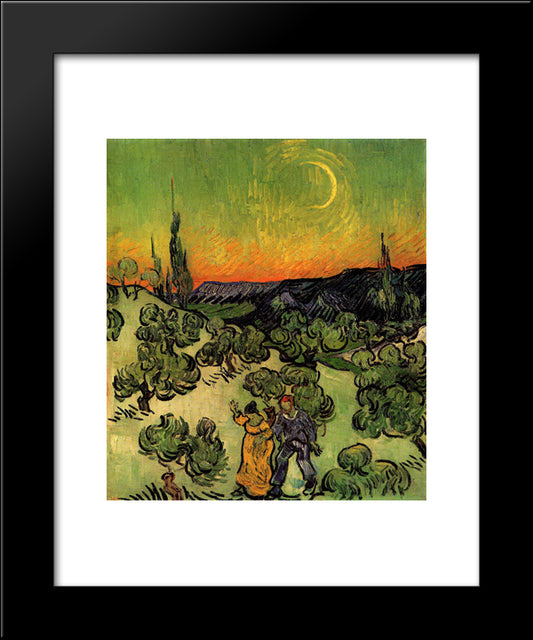 Landscape With Couple Walking And Crescent Moon 20x24 Black Modern Wood Framed Art Print Poster by Van Gogh, Vincent