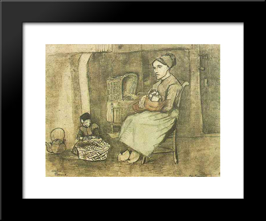 Mother At The Cradle And Child Sitting On The Floor 20x24 Black Modern Wood Framed Art Print Poster by Van Gogh, Vincent