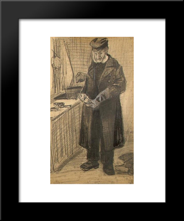 Orphan Man With Long Overcoat Cleaning Boots 20x24 Black Modern Wood Framed Art Print Poster by Van Gogh, Vincent