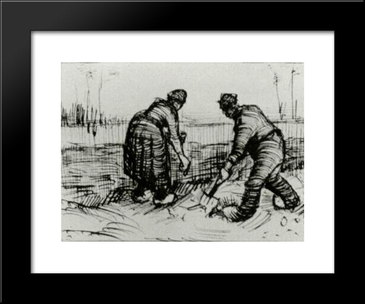 Peasant Man And Woman Planting Potatoes 20x24 Black Modern Wood Framed Art Print Poster by Van Gogh, Vincent