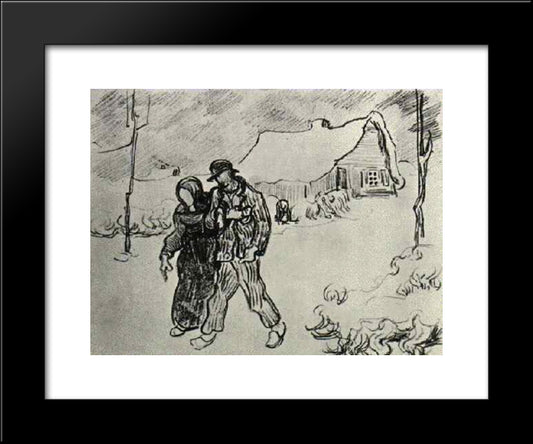 People Walking In Front Of Snow-Covered Cottage 20x24 Black Modern Wood Framed Art Print Poster by Van Gogh, Vincent