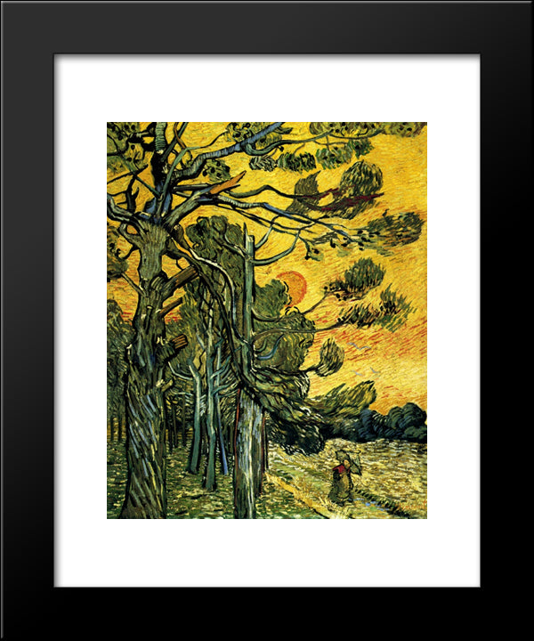 Pine Trees Against A Red Sky With Setting Sun 20x24 Black Modern Wood Framed Art Print Poster by Van Gogh, Vincent