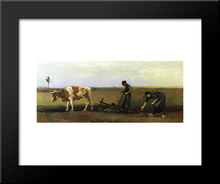 Ploughman With Woman Planting Potatoes 20x24 Black Modern Wood Framed Art Print Poster by Van Gogh, Vincent