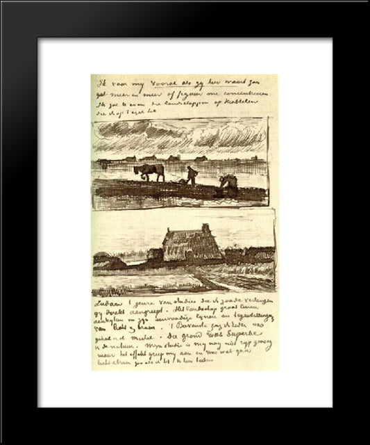 Plowman With Stooping Woman, And A Little Farmhouse With Piles Of Peat 20x24 Black Modern Wood Framed Art Print Poster by Van Gogh, Vincent