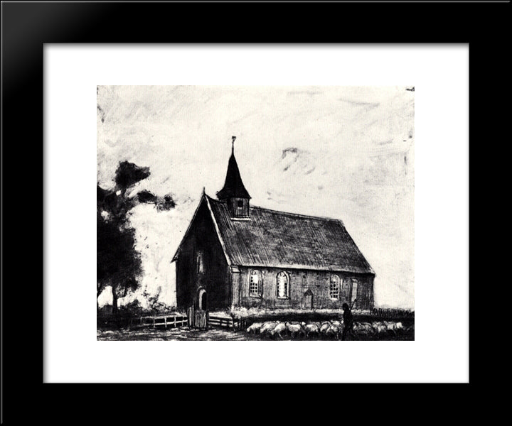 Shepherd With Flock Near A Little Church At Zweeloo 20x24 Black Modern Wood Framed Art Print Poster by Van Gogh, Vincent