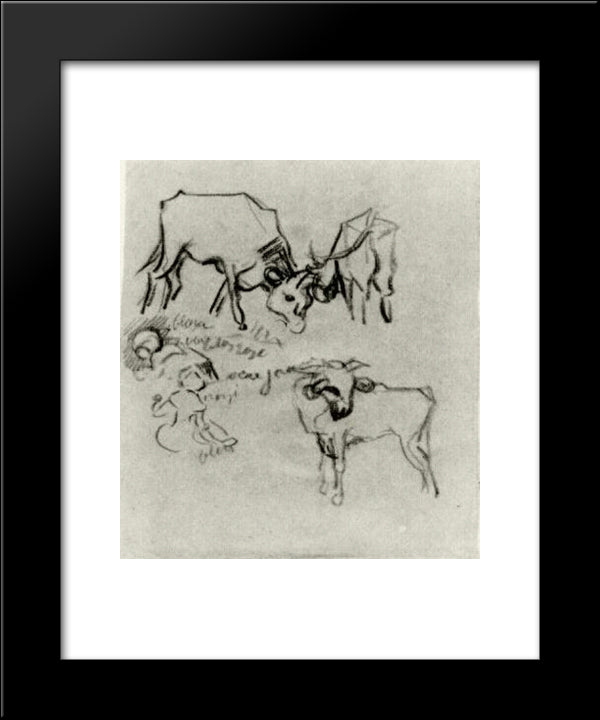 Sketch Of Cows And Children 20x24 Black Modern Wood Framed Art Print Poster by Van Gogh, Vincent