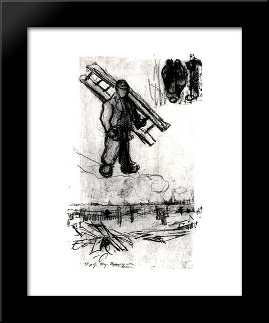 Sketches Of A Man With A Ladder, Other Figures, And A Cemetery 20x24 Black Modern Wood Framed Art Print Poster by Van Gogh, Vincent