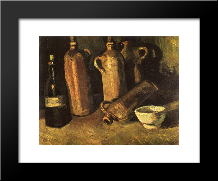 Still Life With Four Stone Bottles, Flask And White Cup 20x24 Black Modern Wood Framed Art Print Poster by Van Gogh, Vincent