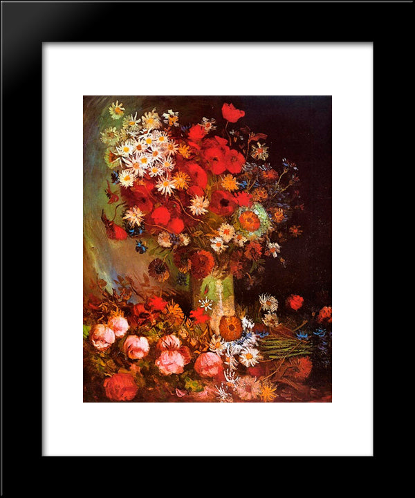 Vase With Poppies, Cornflowers, Peonies And Chrysanthemums 20x24 Black Modern Wood Framed Art Print Poster by Van Gogh, Vincent