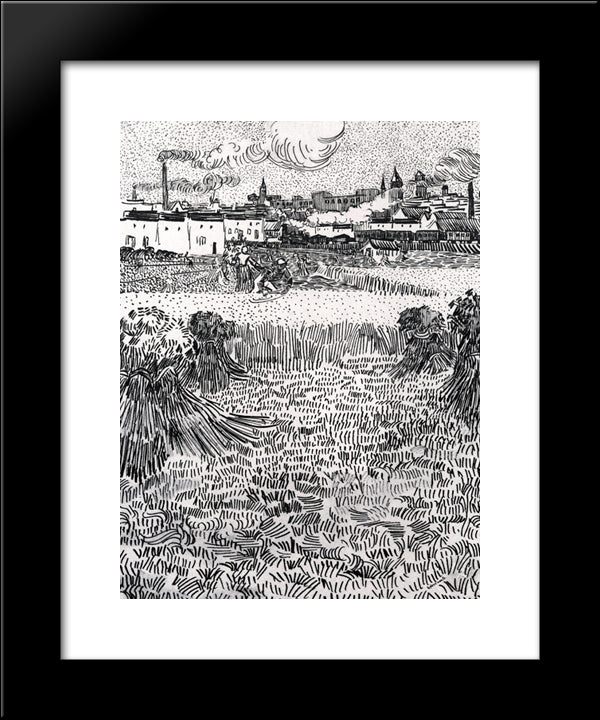 Wheat Field With Sheaves And Arles In The Background 20x24 Black Modern Wood Framed Art Print Poster by Van Gogh, Vincent