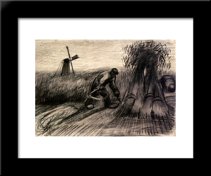 Wheatfield With Reaper And Peasant Woman Binding Sheaves 20x24 Black Modern Wood Framed Art Print Poster by Van Gogh, Vincent