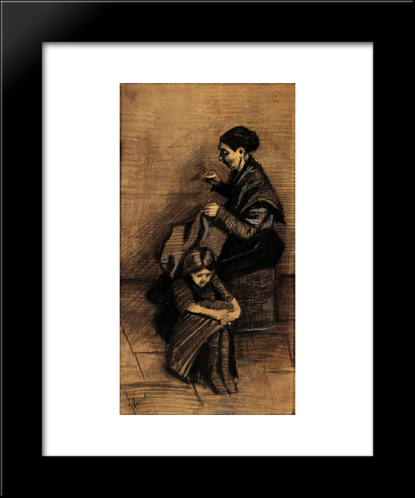 Woman Sewing, With A Girl 20x24 Black Modern Wood Framed Art Print Poster by Van Gogh, Vincent