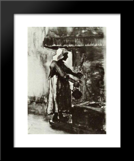 Woman With Kettle By The Fireplace 20x24 Black Modern Wood Framed Art Print Poster by Van Gogh, Vincent