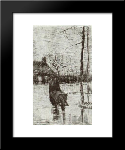 Woman With Wheelbarrow At Night 20x24 Black Modern Wood Framed Art Print Poster by Van Gogh, Vincent