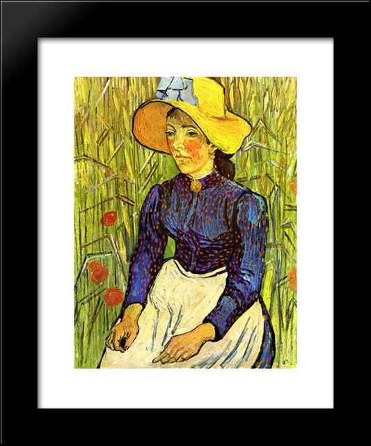 Young Peasant Girl In A Straw Hat Sitting In Front Of A Wheatfield 20x24 Black Modern Wood Framed Art Print Poster by Van Gogh, Vincent