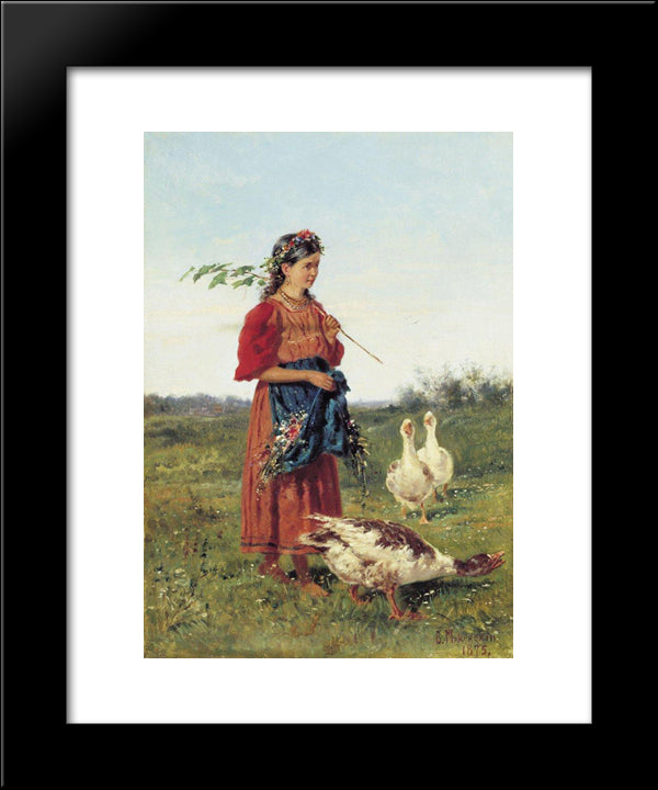 A Girl With Geese 20x24 Black Modern Wood Framed Art Print Poster by Makovsky, Vladimir