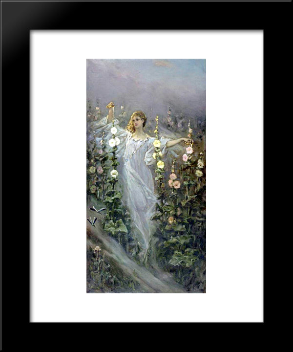 Girl Between Hollyhocks 20x24 Black Modern Wood Framed Art Print Poster by Kotarbinski, Wilhelm