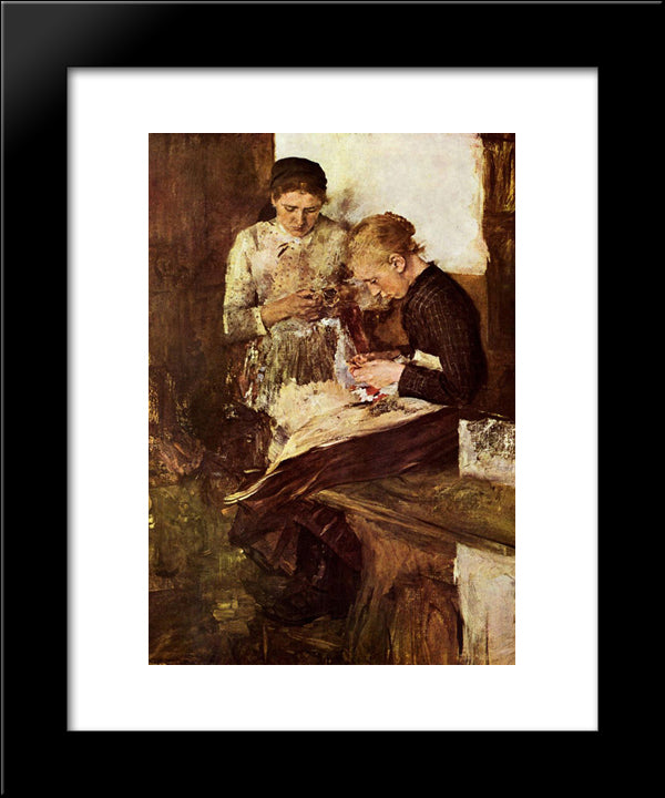 Strickende Madchen Auf Der Ofenbank 20x24 Black Modern Wood Framed Art Print Poster by Leibl, Wilhelm