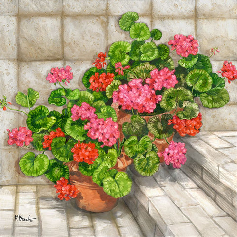 Summer Geraniums Square - Beige Black Ornate Wood Framed Art Print with Double Matting by Brent, Paul