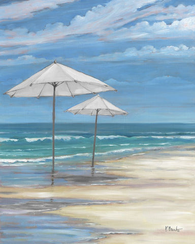 Seascape with Umbrellas - White Black Ornate Wood Framed Art Print with Double Matting by Brent, Paul