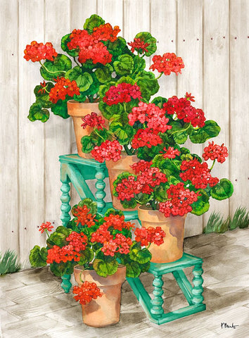 Spindle Shelf Geraniums - Beige Black Ornate Wood Framed Art Print with Double Matting by Brent, Paul