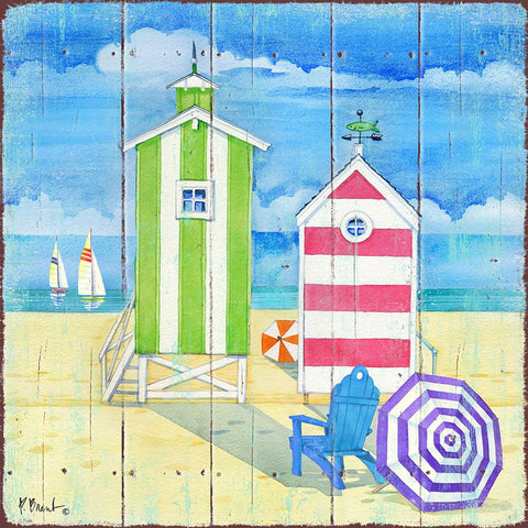Beach Huts Square II Black Ornate Wood Framed Art Print with Double Matting by Brent, Paul