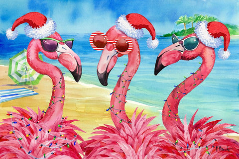 Holiday Flamingo Girlfriends Horizontal White Modern Wood Framed Art Print with Double Matting by Brent, Paul