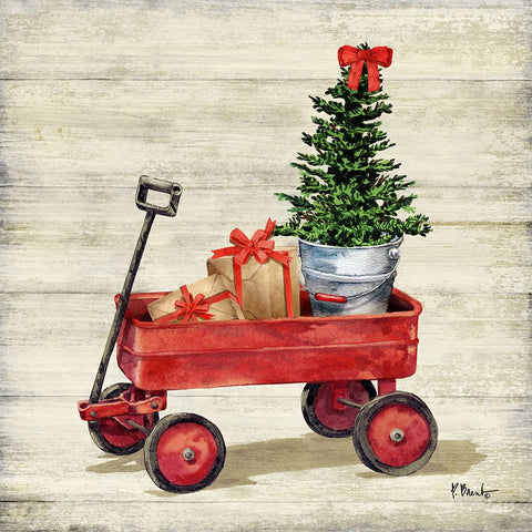 Christmas Wagon II White Modern Wood Framed Art Print with Double Matting by Brent, Paul