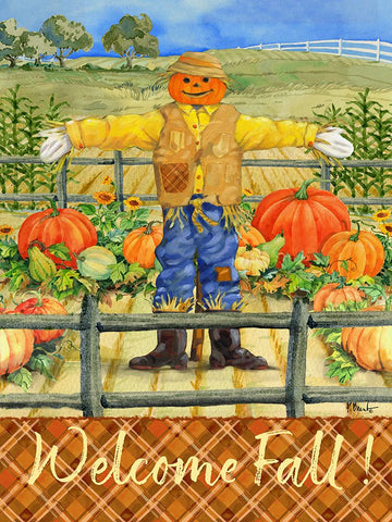 Scarecrow with Pumpkins Vertical White Modern Wood Framed Art Print with Double Matting by Brent, Paul