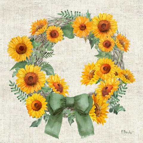 Sage Sunflowers Wreath Black Modern Wood Framed Art Print by Brent, Paul