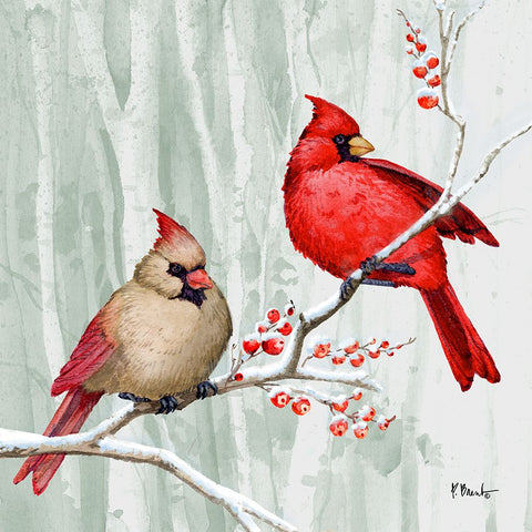 Snowy Cardinals I Black Modern Wood Framed Art Print by Brent, Paul