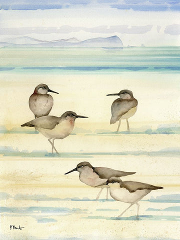 Oceanside Sandpipers Vertical White Modern Wood Framed Art Print with Double Matting by Brent, Paul