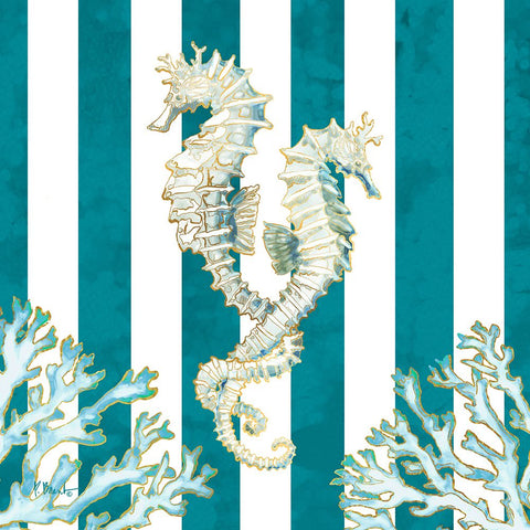 Lined Seahorse - Teal White Modern Wood Framed Art Print with Double Matting by Brent, Paul