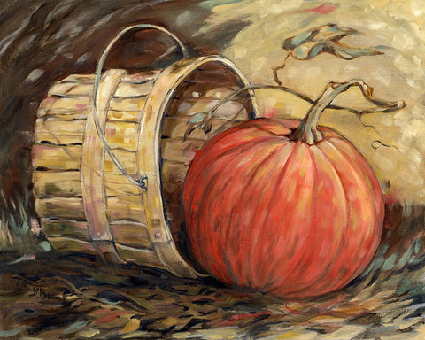 Gleaning Autumn - Pumpkin and Basket White Modern Wood Framed Art Print with Double Matting by Brent, Paul