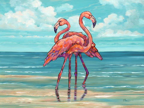 Summerset Flamingos Horizontal II White Modern Wood Framed Art Print with Double Matting by Brent, Paul