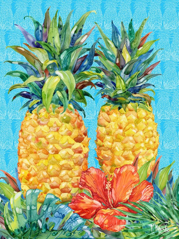 Kona Pineapple and Hibiscus Vertical Black Modern Wood Framed Art Print by Brent, Paul