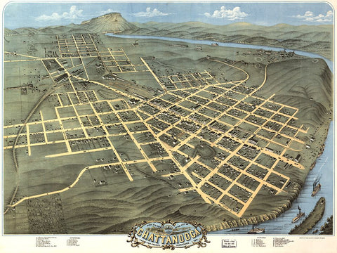 Chattanooga Map 1871 Black Ornate Wood Framed Art Print with Double Matting by Lee, Rachel