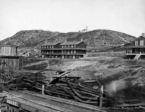 Chattanooga Rail Yard 1863 Black Ornate Wood Framed Art Print with Double Matting by Lee, Rachel