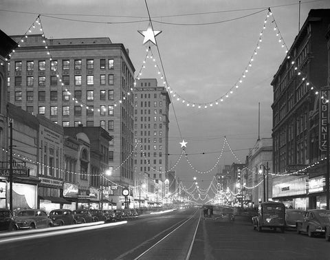 Market Street 1946 White Modern Wood Framed Art Print with Double Matting by Lee, Rachel