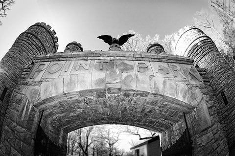 Point Park Gate BW White Modern Wood Framed Art Print with Double Matting by Lee, Rachel