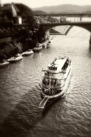 River Boat Cruise Sepia Black Modern Wood Framed Art Print by Lee, Rachel