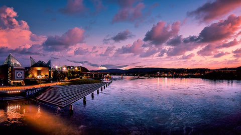 River Downtown at Night Panorama Reedit White Modern Wood Framed Art Print with Double Matting by Lee, Rachel