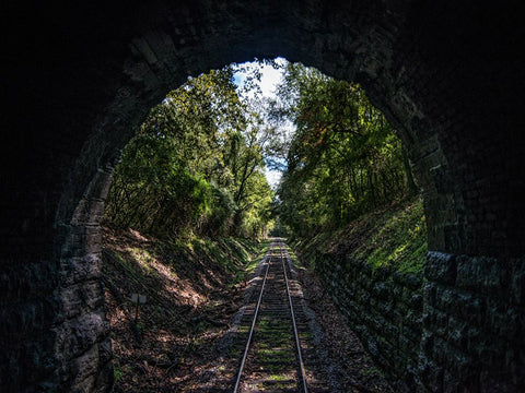 Train Enter Tunnel 3 White Modern Wood Framed Art Print with Double Matting by Lee, Rachel