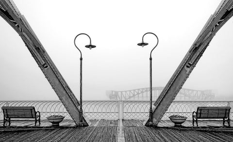 Walnut Posts in Fog BW White Modern Wood Framed Art Print with Double Matting by Lee, Rachel