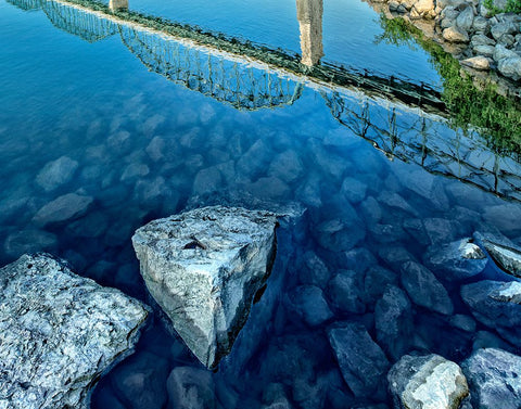 Walnut River Reflection w Rocks White Modern Wood Framed Art Print with Double Matting by Lee, Rachel