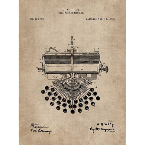 Patent Document of a Type Writing Machine Gold Ornate Wood Framed Art Print with Double Matting by CAG