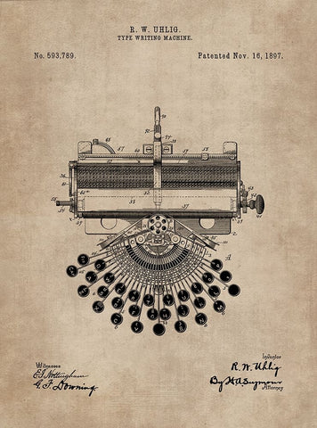 Patent Document of a Type Writing Machine White Modern Wood Framed Art Print with Double Matting by CAG